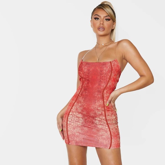 PrettyLittleThing Dresses & Skirts - Red Snake Print Clear Strap Mini Dress